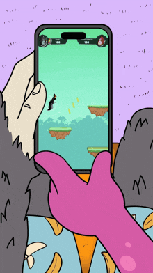 a cartoon drawing of a person playing a game on a smart phone