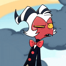 a cartoon character with horns and a bow tie has tears coming out of his eyes