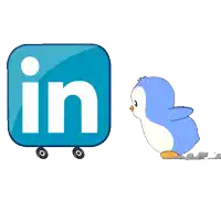a blue penguin is standing next to a blue linkedin logo