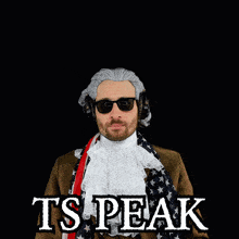 a man wearing a wig and sunglasses with the words ts peak above his head