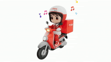 a cartoon character riding a scooter with a box on the back that says attel on it