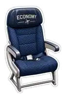 a blue airplane seat with the word economy embroidered on it