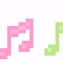 a pink and a green pixel art of a music note .