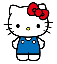 a drawing of hello kitty with a red bow and blue overalls