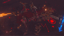 a video game character is fighting a giant monster in a dark room .
