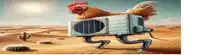 a rooster carrying an air conditioner on its back in the desert