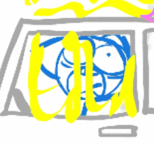 a yellow and blue drawing of a cartoon character with the word ice in yellow