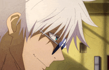 a close up of a person 's face with white hair and glasses