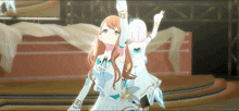 two anime girls are dancing on a stage with their hands in the air