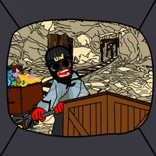 a cartoon drawing of a man wearing a mask and a hat with the letter u on it