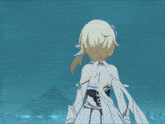a girl with blonde hair is wearing a white dress with a corset