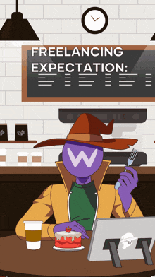 a cartoon illustration of a person sitting at a table with a laptop and a sign that says " freelancing expectation "