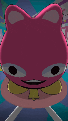a pink cartoon character with a yellow bow and bell around its neck
