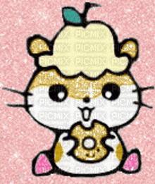 a hamster wearing a hat with an apple on it is eating a donut .