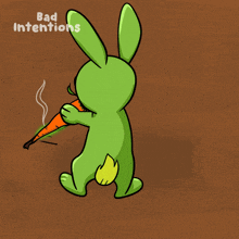 a cartoon of a green bunny holding a carrot with the words bad intentions written below it