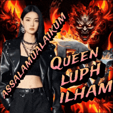 a woman in a black jacket with the words queen luph ilham written on it