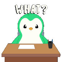 a green penguin is sitting at a desk with a pencil and paper and says what
