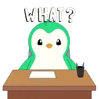 a green penguin is sitting at a desk with a pencil and paper and says what