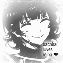 a black and white drawing of a girl with the words bachira loves reina below it
