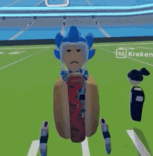 a cartoon character is sitting on a hot dog on a field .