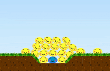 a blue ball is surrounded by yellow smiley faces with their mouths open
