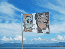 a flag with a picture of two girls and the words " deadly angel peak " on it