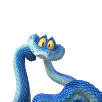 a blue snake with yellow eyes and a pink tongue