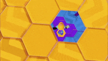 a cartoon character is sitting on a purple hexagon in a room