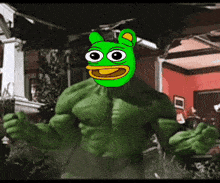 a cartoon hulk with a green frog face on his chest