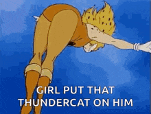 a cartoon of a girl putting thundercat on him .