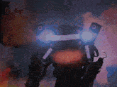 a robot with a glowing head and a purple background