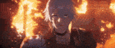 a boy with a choker on his neck stands in front of a fire