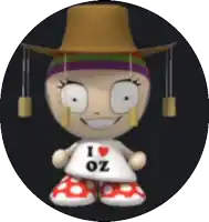 a cartoon character wearing a hat and a shirt that says i heart oz