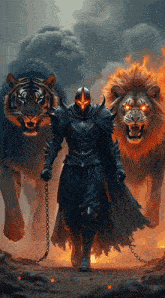 a man in armor is chained to a lion with red eyes