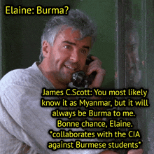 a man talking on a phone with the words elaine burma written above him