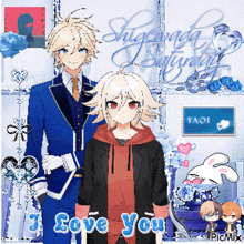 a couple of anime characters standing next to each other with the words " i love you " on the bottom