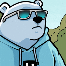 a polar bear wearing sunglasses and a hoodie with the letter l on it