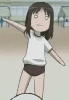a cartoon girl in a white shirt and black shorts is standing next to a soccer ball .