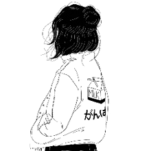 a black and white drawing of a girl wearing a hoodie with a milk carton on it .