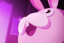 a close up of a cartoon bunny with a purple background