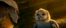 a cartoon owl is holding a leaf in its beak