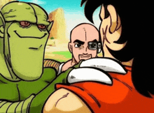 a cartoon of a man with glasses standing next to a green monster and another man .