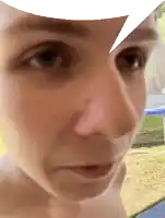 a close up of a person 's face with a white speech bubble behind it