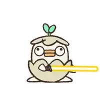 a cartoon duck is holding a yellow light saber in its mouth .