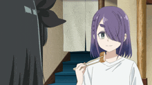 a girl with purple hair is holding a piece of meat with chopsticks