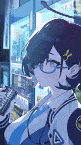 a girl wearing glasses is holding a can of soda