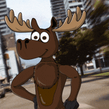 a cartoon moose is standing in front of a city street