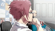 a cartoon drawing of a man with red hair sitting at a table