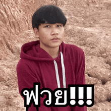a young man wearing a maroon hoodie stands in front of a rocky landscape with the word wow written on the bottom