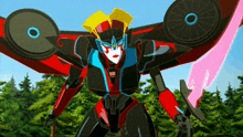 a cartoon drawing of a robot with a red sword